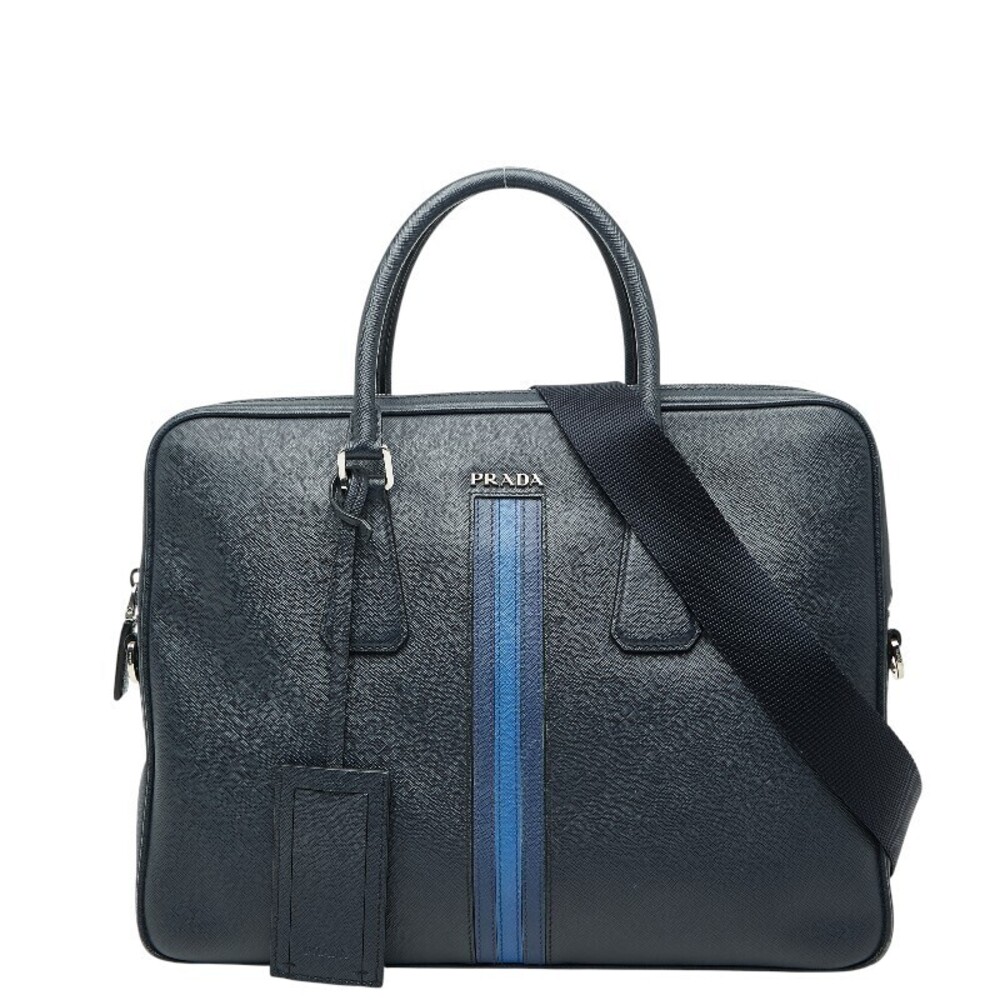 Prada Business Bag Briefcase Tessuto Shoulder Navy Blue Saffiano Leather